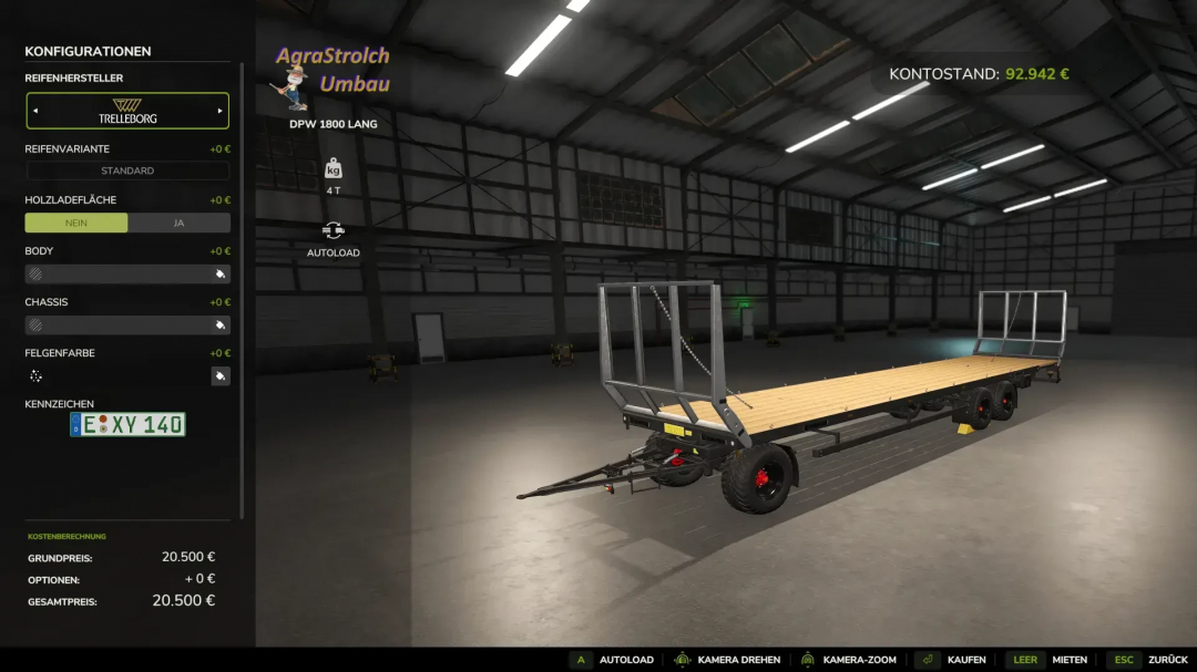 FS25 mod DPW 180 Langholz v1.1.0.0 in a garage, showcasing custom configurations and options.