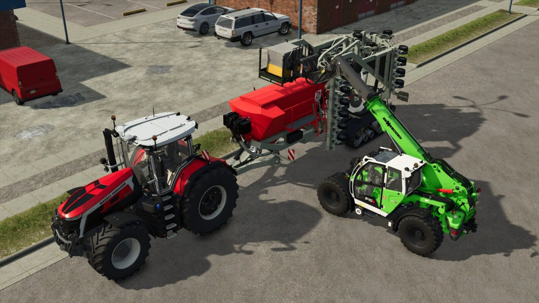 Farming Simulator 25 tractor with telehandler, showcasing Disable Cover Auto State Change mod.