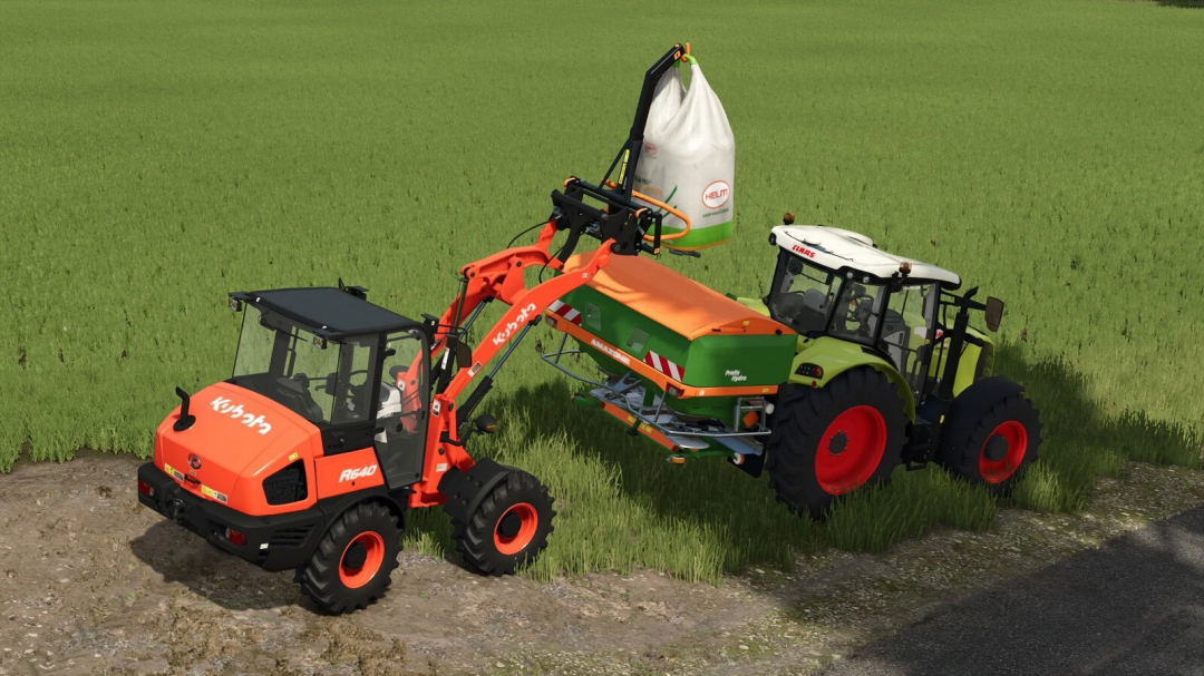 FS25 mods: Tractor with loader lifting bag over Amazone planter on grassy field