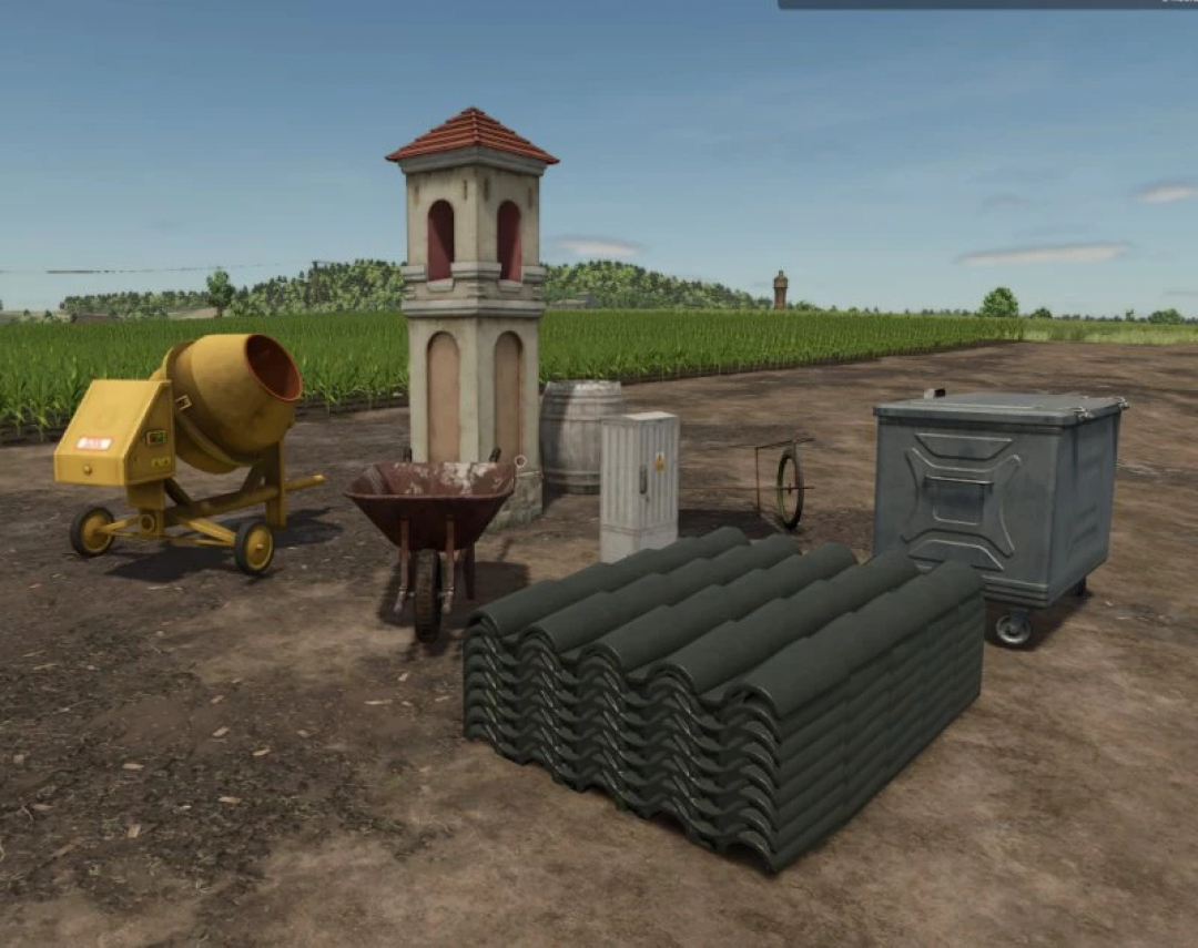 FS25 Decorations Pack v1.0.0.0 shown with cement mixer, wheelbarrow, and storage barrel. Farming Simulator 25 mods.