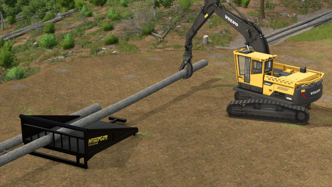 FS25 mod HydraGate v1.0.0.0 showing a Volvo excavator moving logs on a forested terrain.