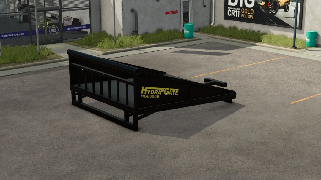 FS25 HydraGate v1.0.0.0 mod in Farming Simulator 25, featuring a black hydraulic gate attachment on pavement.