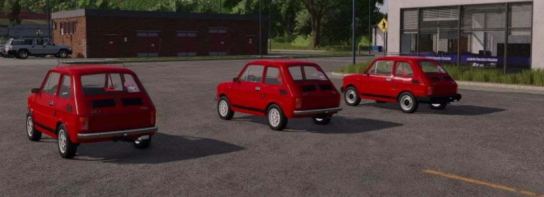 FS25 mods feature three red Maluch 126p cars in a parking lot, highlighting details in Farming Simulator 25.