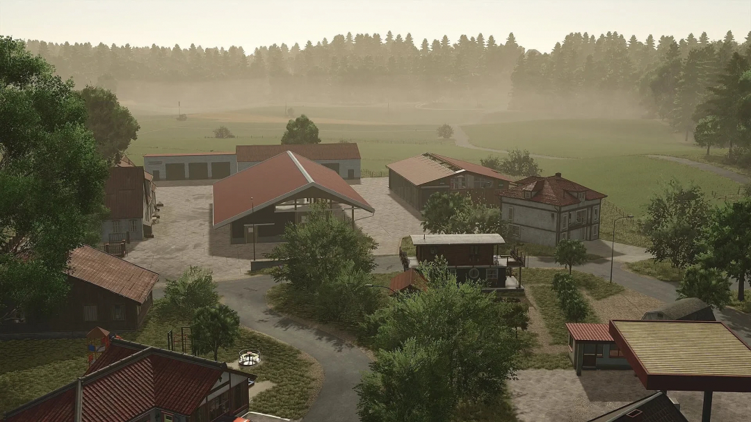 FS25 Oberschwaben Map v1.0.0.0 showcasing a rural farmstead with red-roofed buildings, surrounded by fields and trees in Farming Simulator 25.