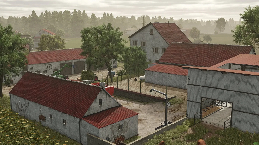 FS25 Oberschwaben Map v1.0.0.0 showing farm buildings with red roofs and surrounding lush fields.