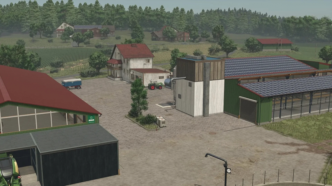 FS25 Oberschwaben Map v1.0.0.0 shows a detailed farm with buildings and solar panels, highlighting the rural landscape in Farming Simulator 25 mods.