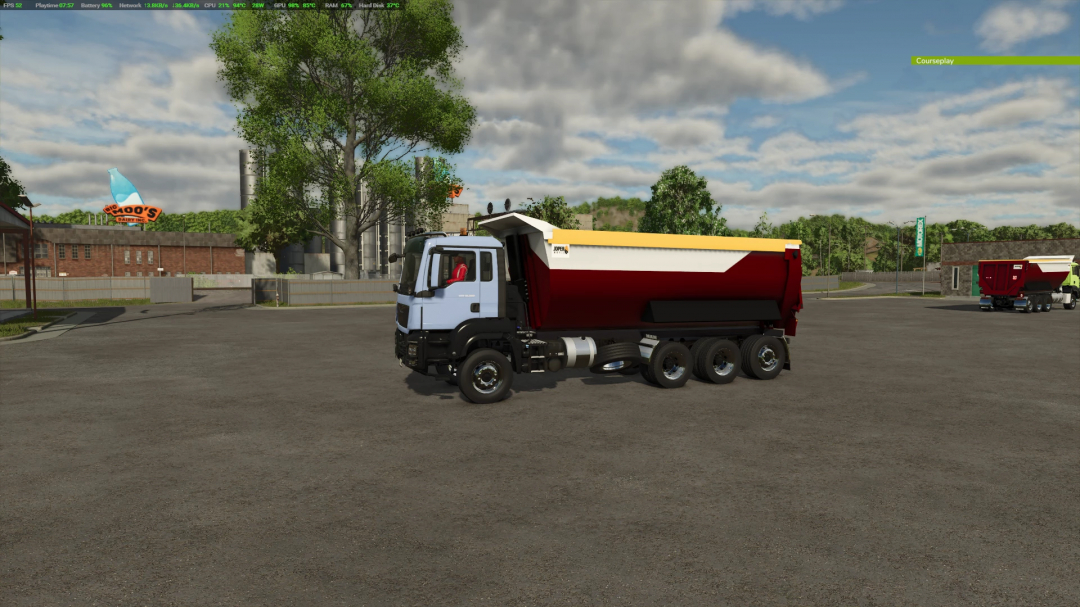 FS25 TGSMan Dumper v1.0.1.0 mod in Farming Simulator 25, featuring a large dumper truck in a detailed industrial setting.