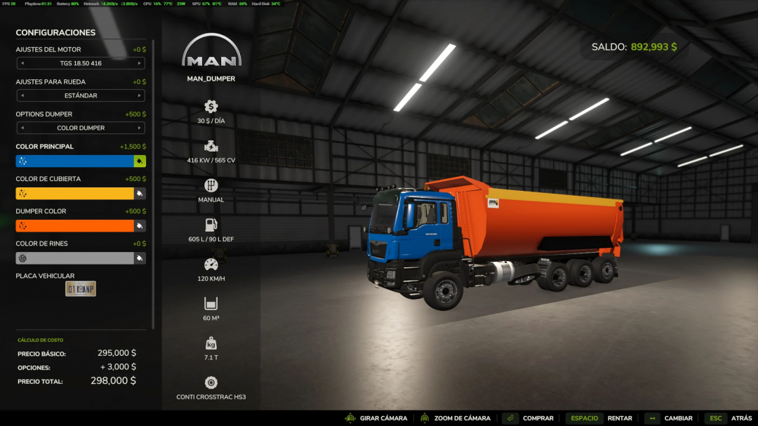 FS25 TGSMan Dumper v1.0.1.0 in a garage with customization options displayed.