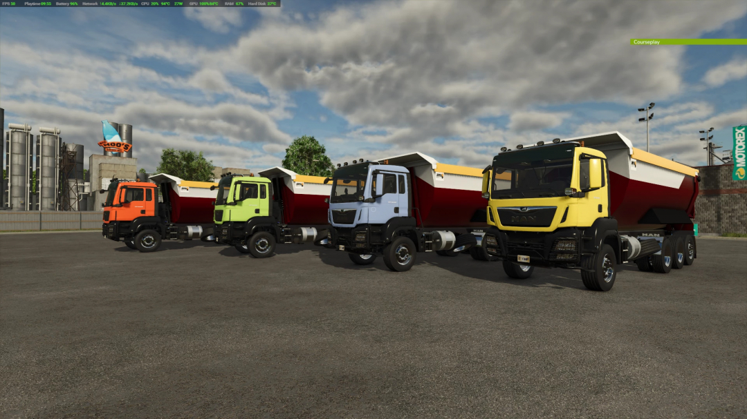 FS25 TGSMan Dumper mod v1.0.1.0 with colorful trucks lined up in Farming Simulator 25.