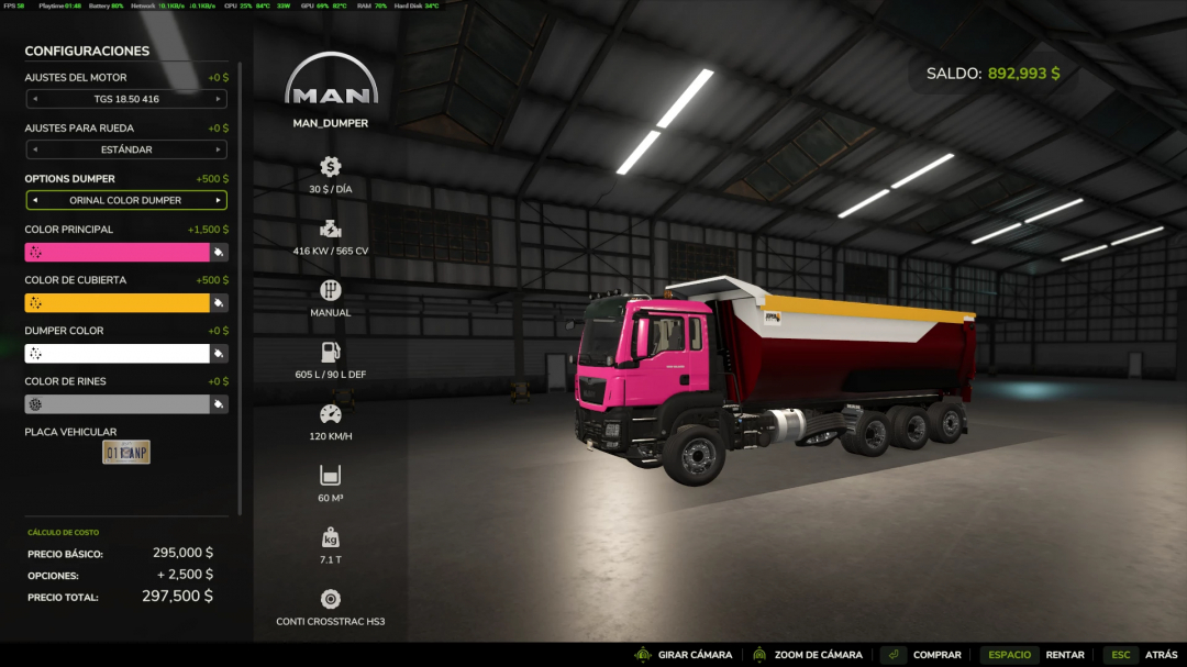 FS25 TGSMan Dumper v1.0.1.0 mod in a garage showing customization options, featuring a pink and red truck for Farming Simulator 25.