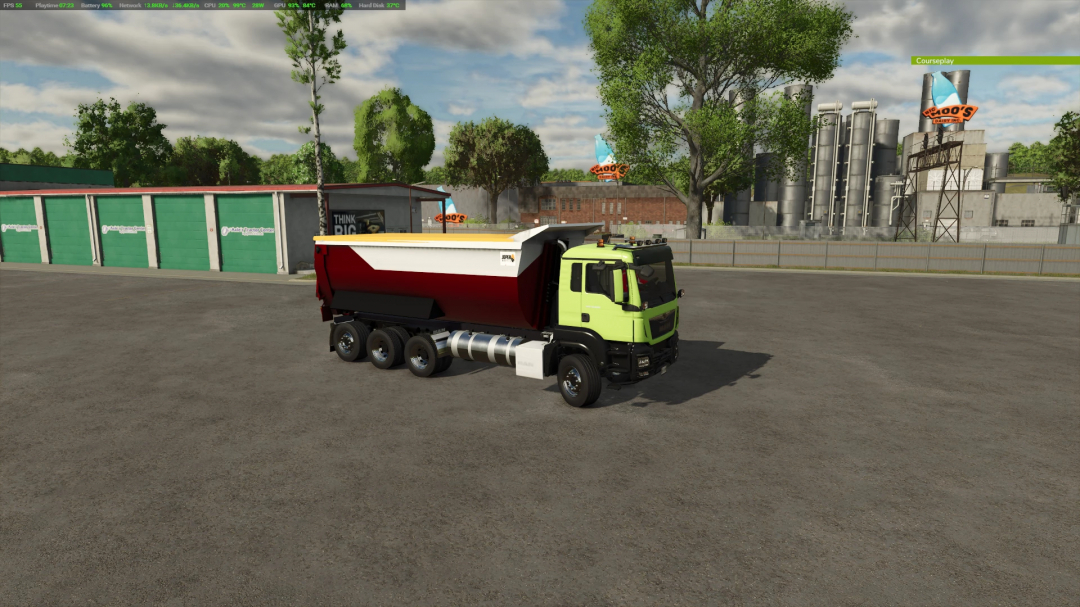 FS25 TGSMan Dumper v1.0.1.0 mod in Farming Simulator 25, featuring a lime green cab and maroon container, parked in an industrial area.