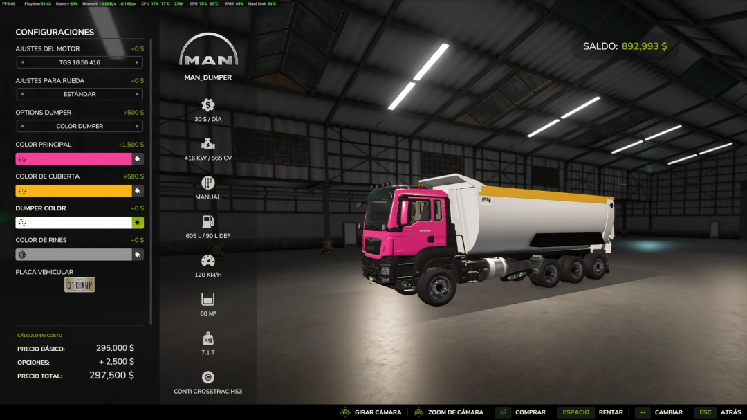 FS25 TGSMan Dumper v1.0.1.0 mod showcasing a pink cab and white dumper in a garage setting for Farming Simulator 25.