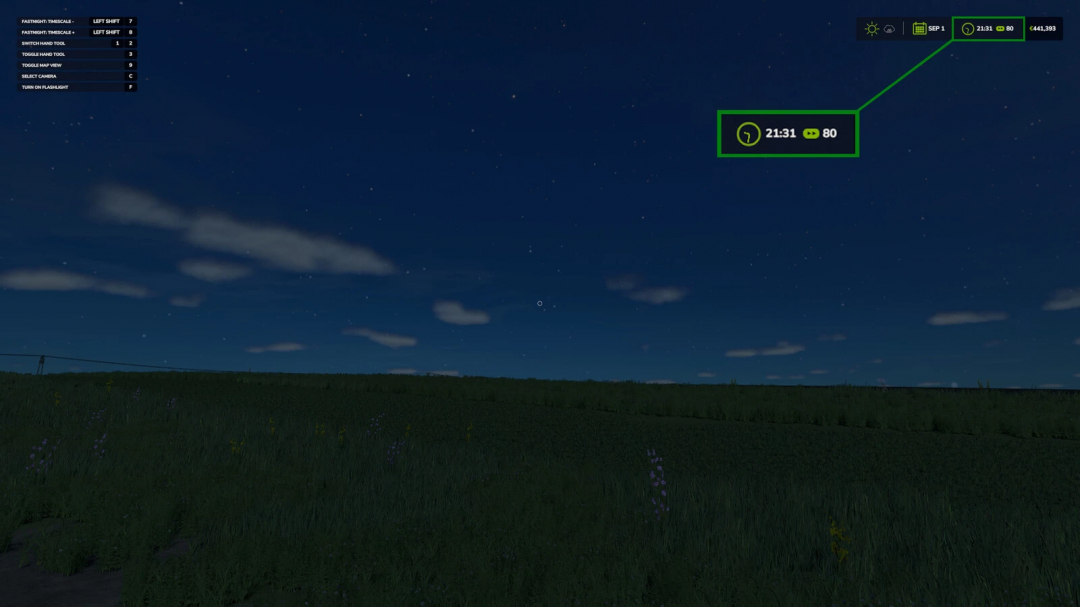 FS25 mod FastNight v1.0.0.0 showing a night scene with stars and time control UI.