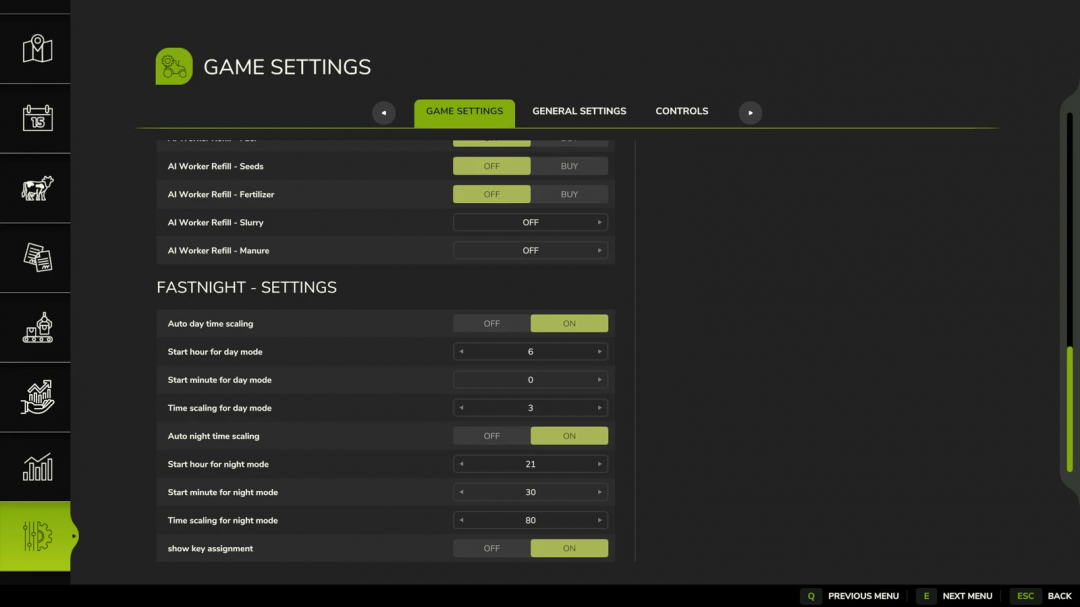 FS25 FastNight v1.0.0.0 mod settings screen showing day and night time scaling options.