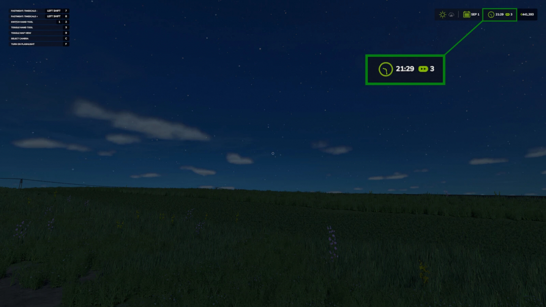 FS25 mods: FastNight v1.0.0.0 night scene. Time display shows 21:29. Minimalist interface against a starry sky.