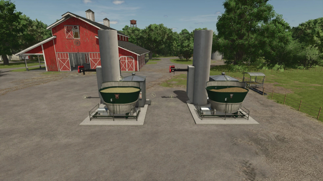 FS25 mod Feed Mixing Plants v1.0.0.0 shows two green feed mixers near a red barn, enhancing farm management.