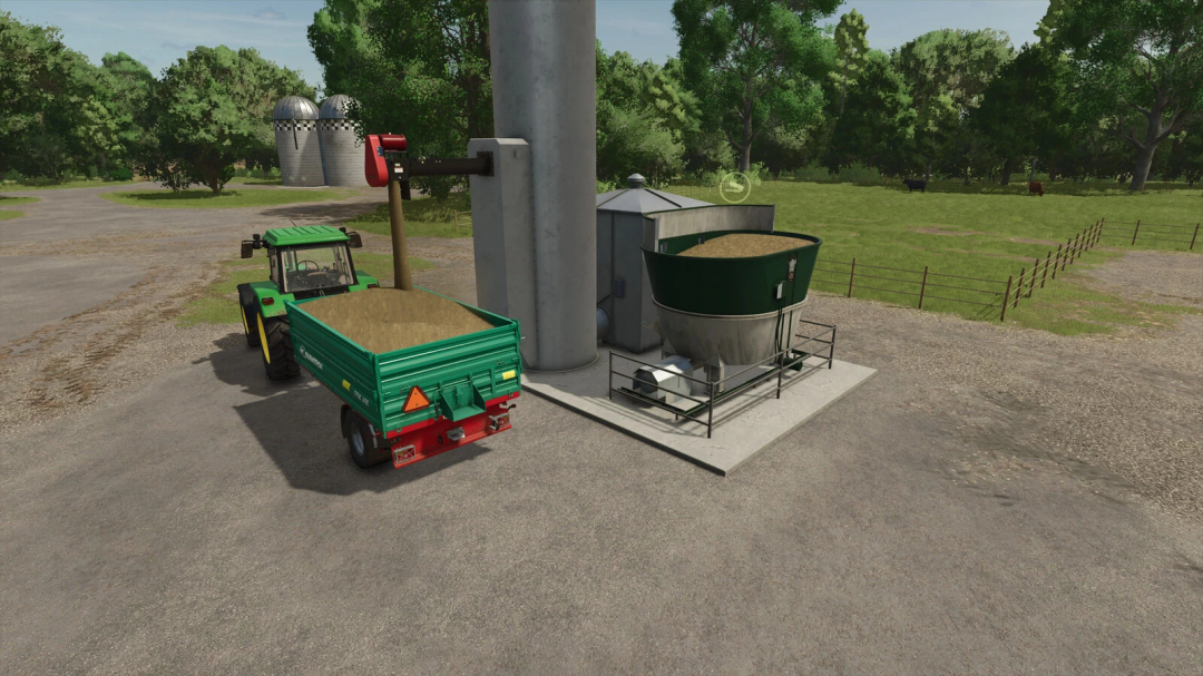 FS25 Feed Mixing Plants v1.0.0.0 mod showing a tractor beside feed processing equipment in a rural setting.