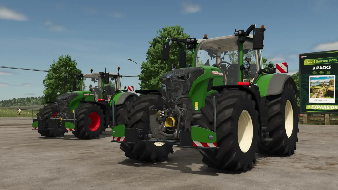 FS25 mod showing two Fendt 700 tractors with Agribumper, version 1.0.0.1, parked on a farm.