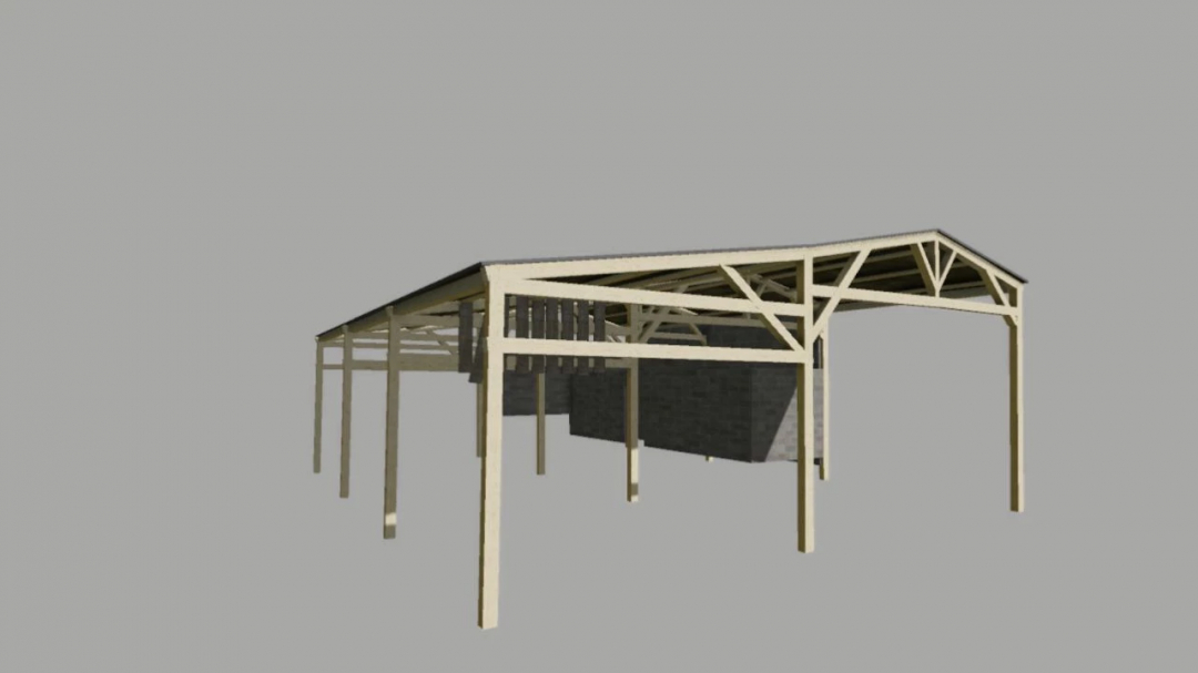 French agricultural shed mod in FS25, featuring a wooden structure with an open design.