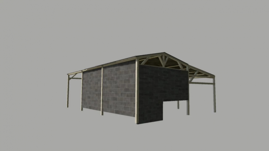 French agricultural shed mod for FS25, showcasing a brick structure with open wooden trusses.