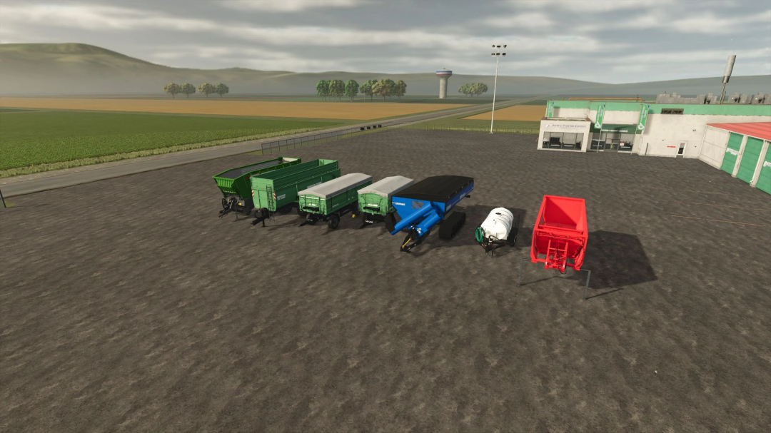 FS25 FunFarm ModPack v1.0.0.0 showing various trailers on a farm lot, enhancing Farming Simulator 25 gameplay.