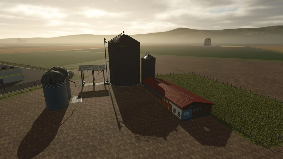 FS25 FunFarm ModPack v1.0.0.0 image featuring farm buildings and silos on a vast field during sunset.