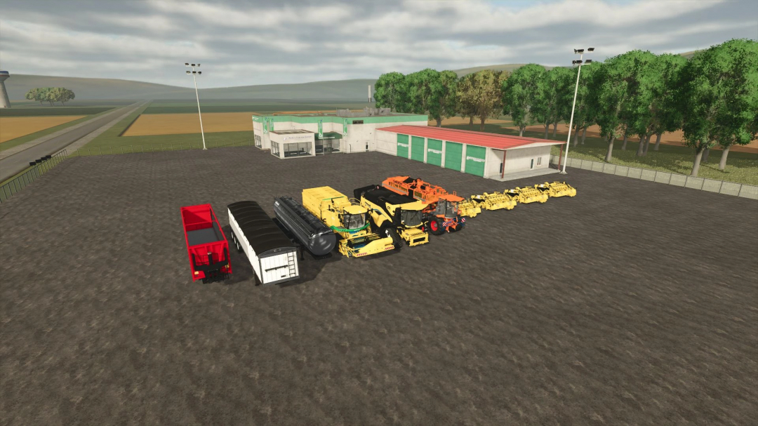 FS25 FunFarm ModPack showcases diverse farming machinery lined up in the yard.