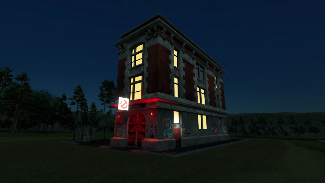 Ghostbusters Firehouse mod for Farming Simulator 25, showing a vintage firehouse at night with glowing windows.