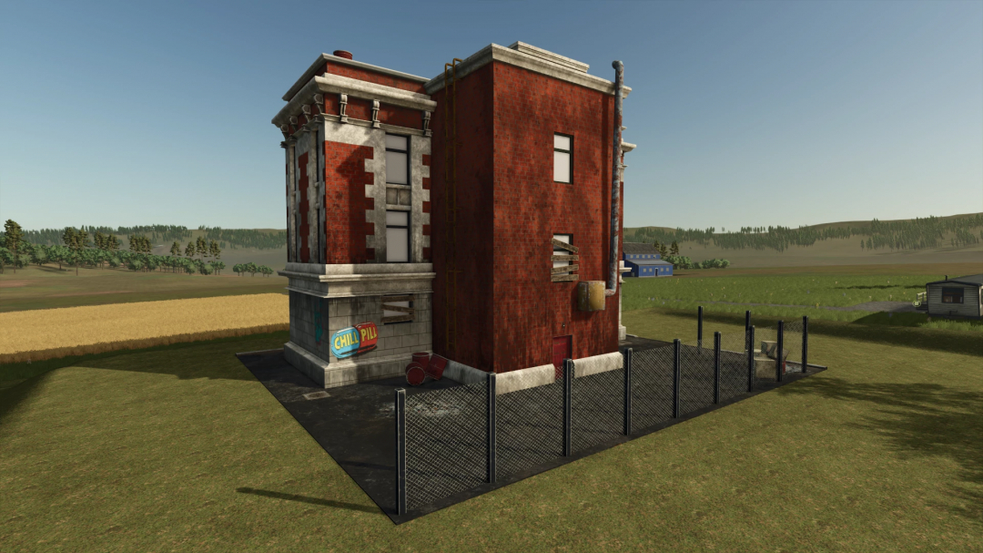 Ghostbusters Firehouse mod in FS25, featuring a detailed red brick building in a rural landscape.