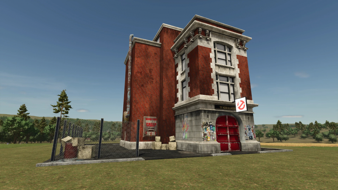 Ghostbusters Firehouse mod for Farming Simulator 25, featuring a detailed red brick firehouse with iconic signage in a rural setting.