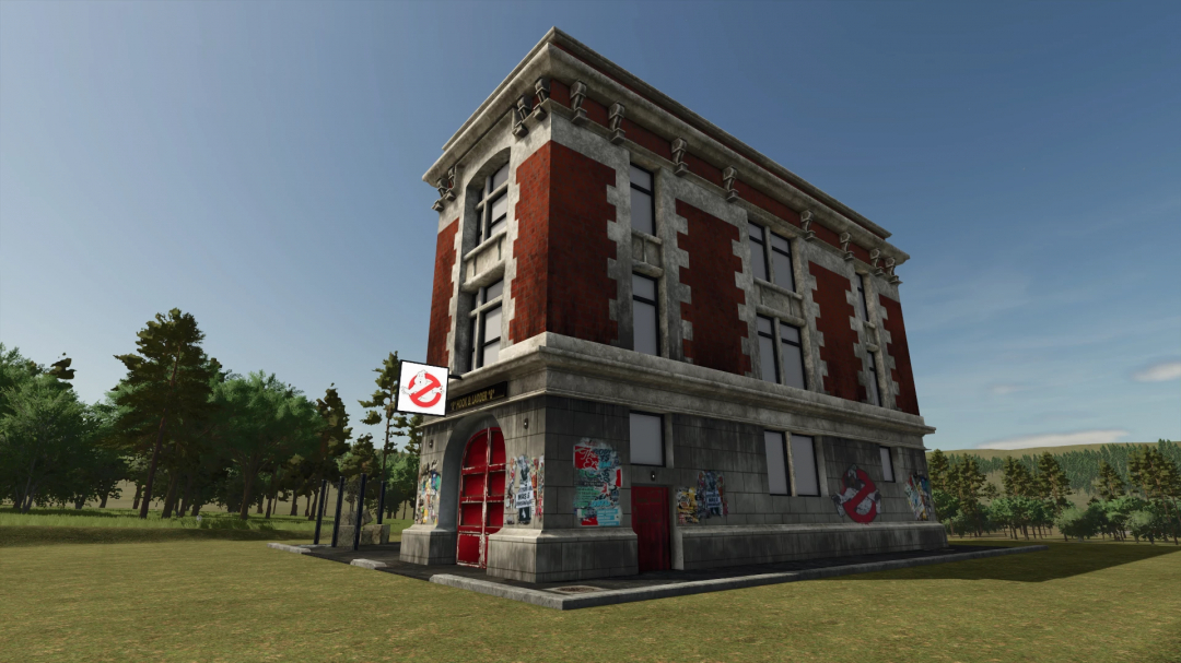 Ghostbusters Firehouse mod in FS25 features a detailed building with iconic logo. Enhance your Farming Simulator 25 experience.