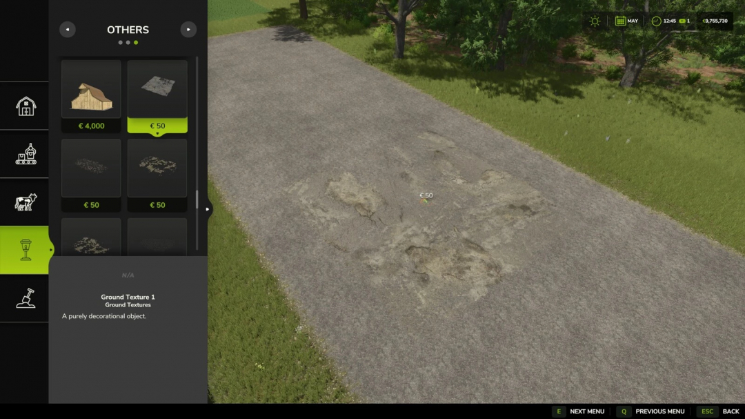 FS25 Ground Textures mod v1.0.0.0, showing a textured dirt path in Farming Simulator 25 game interface.