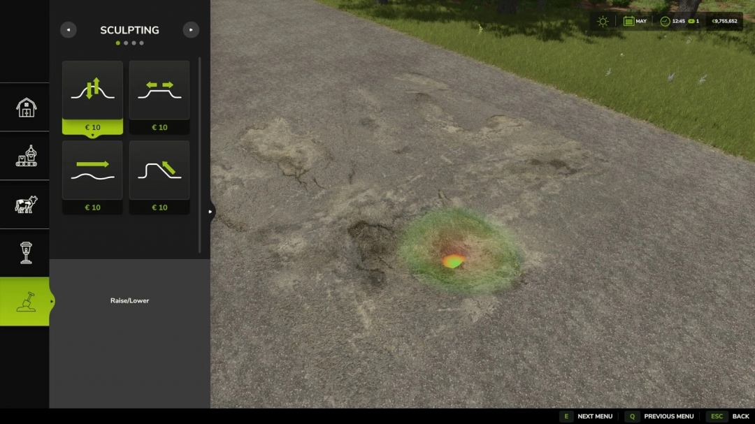 FS25 mod Ground Textures v1.0.0.0 showing terrain sculpting interface with options for raising and lowering ground.