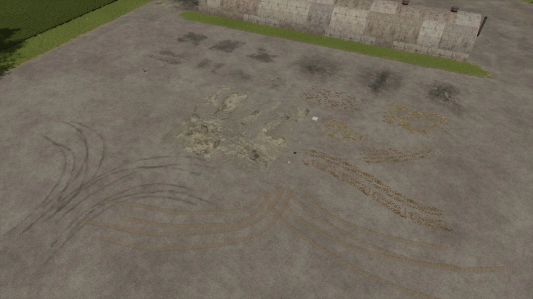 FS25 Ground Textures mod showcasing various terrain patterns and tire tracks.