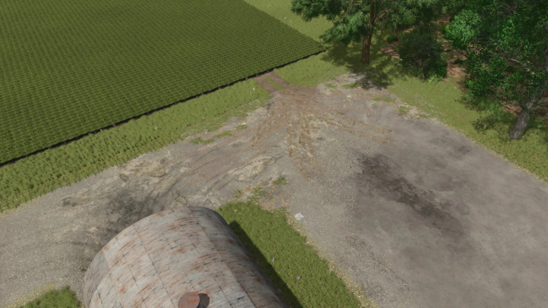 Aerial view of varied ground textures in Farming Simulator 25 mod, featuring fields, dirt paths, and weathered surfaces. FS25 mods enhance realism.