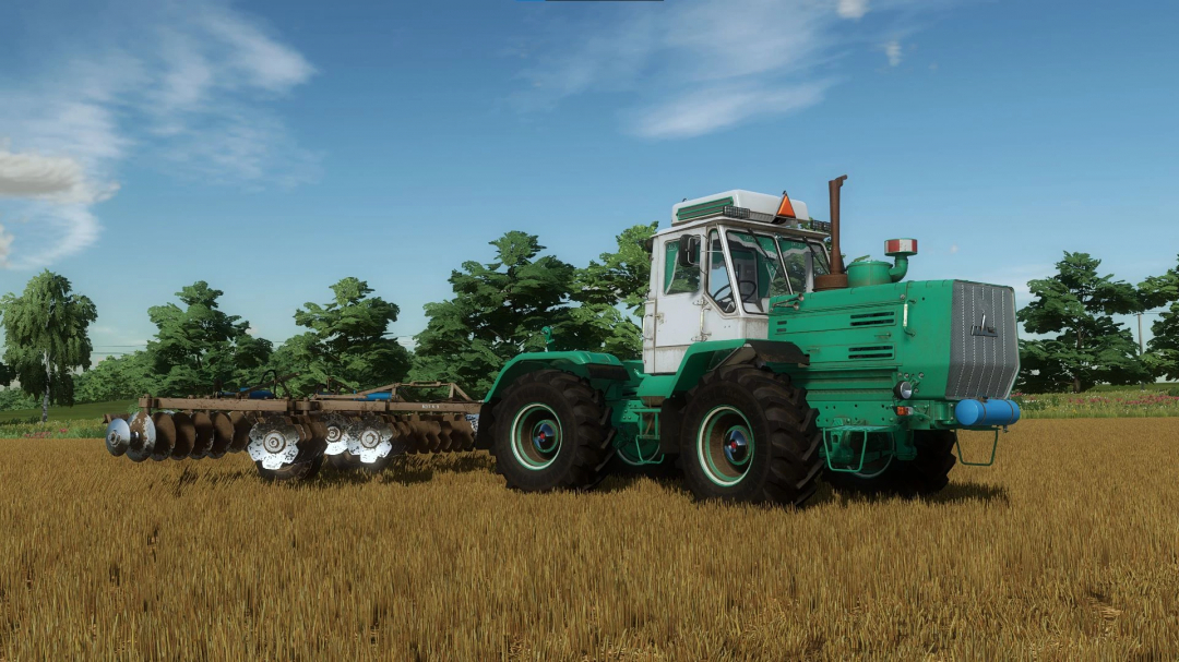 FS22 mods HTZ T-150K V8 tractor with attachment in a field, Farming Simulator 22.