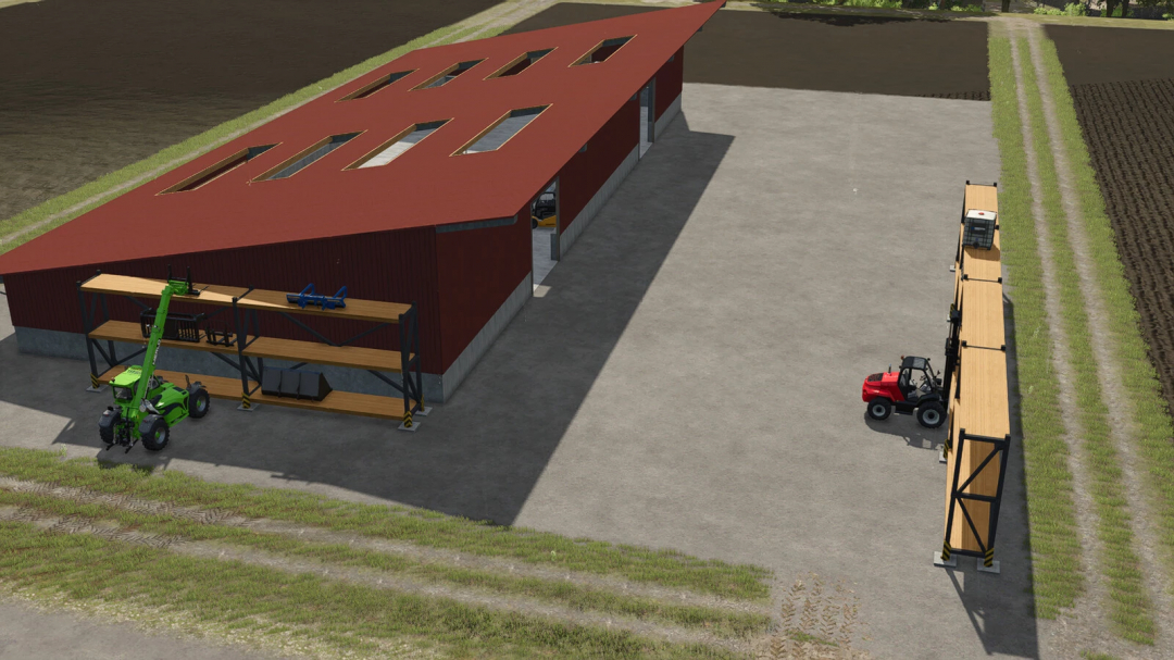 FS25 Heavy Duty Shelf Pack mod showing a large red warehouse with storage racks and forklifts in Farming Simulator 25.