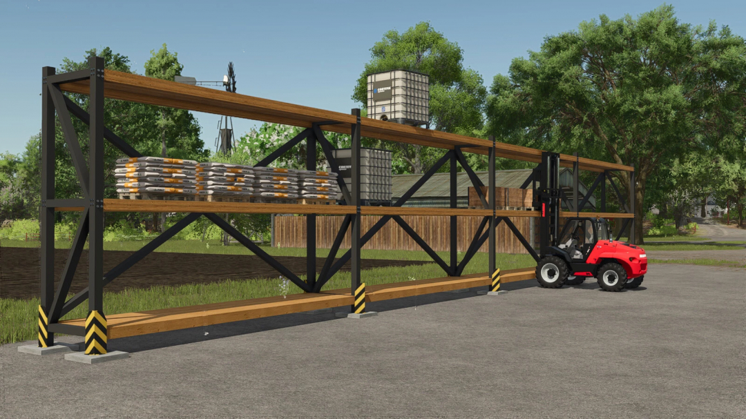 Heavy Duty Shelf Pack v1.0.0.0 mod for FS25 featuring stacked pallets and a red forklift.