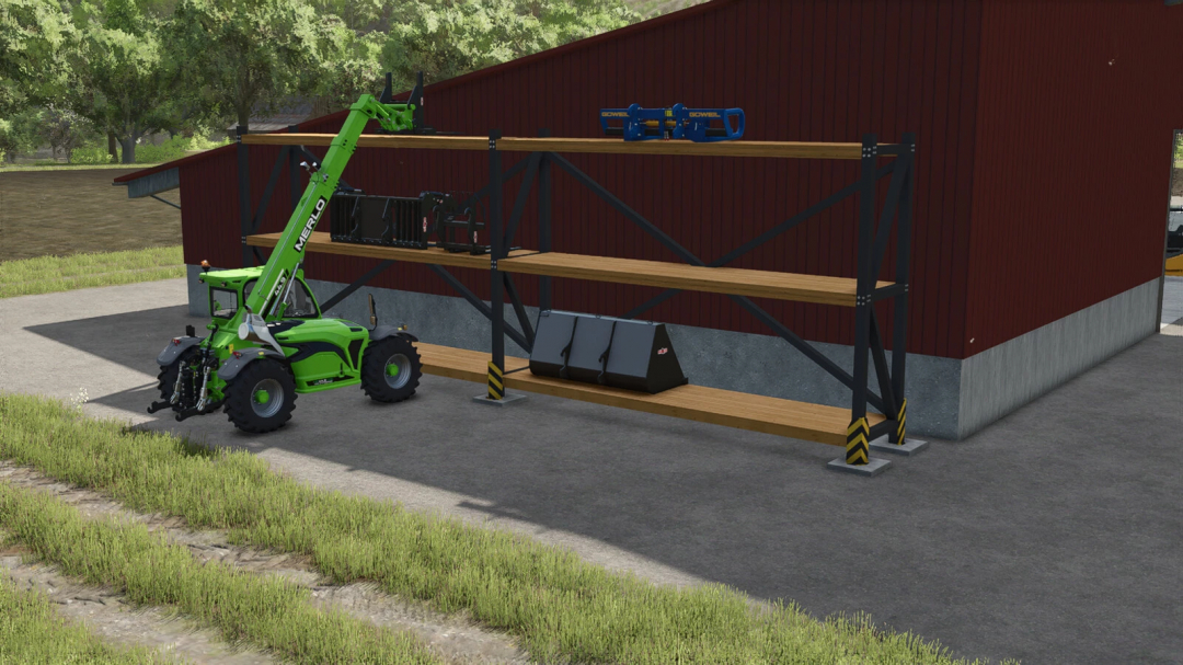 FS25 mod: Heavy Duty Shelf Pack with equipment and a green telehandler in Farming Simulator 25.