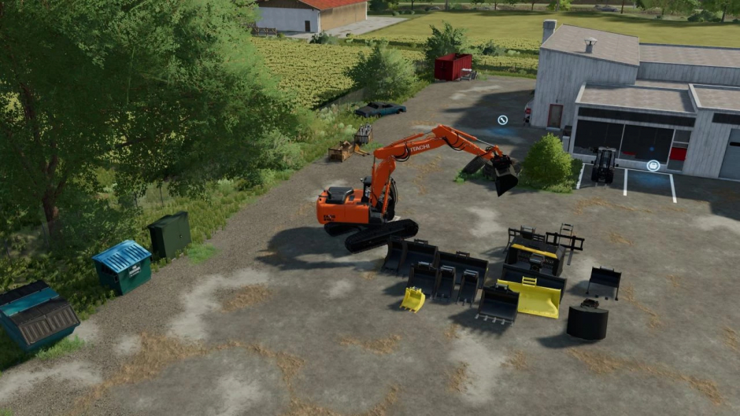 FS22 mod Hitachi OilQuick v1.0.0.1 excavator with various attachments on a farm setting in Farming Simulator 22.