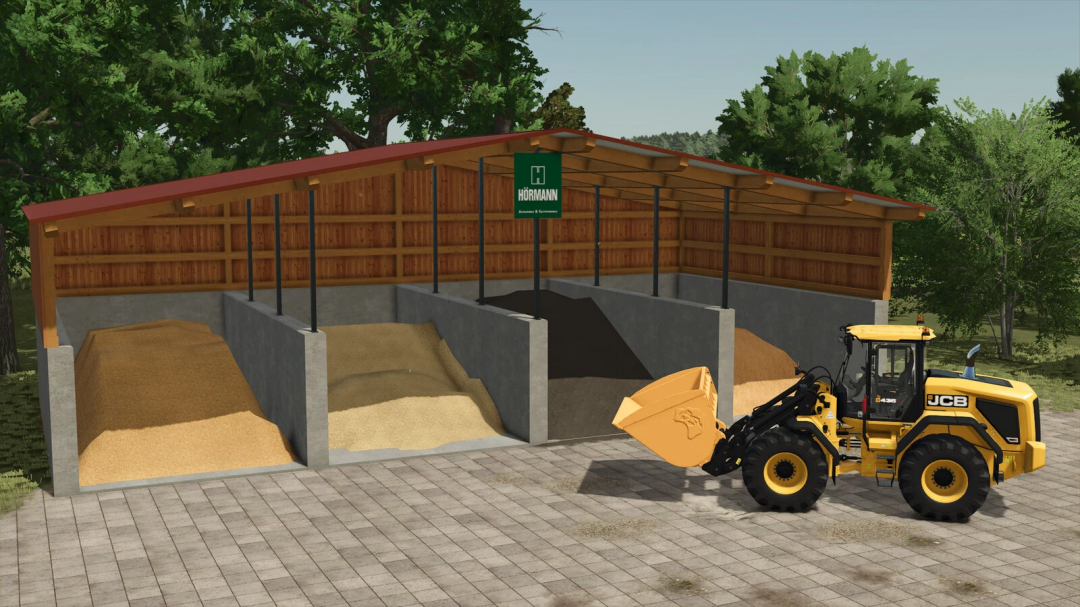 Hörmann Hall 18x9 v1.0.0.0 in FS25 with storage bins and loader