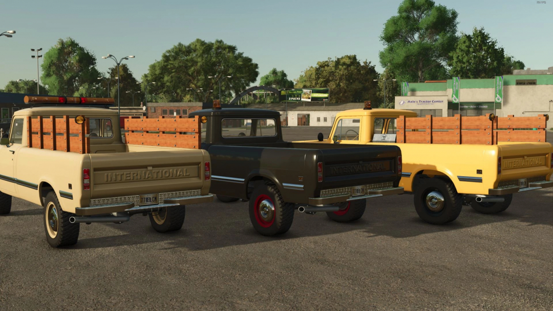 FS25 mod International Series 200 v1.0.1.0 featuring three vintage trucks in a parking lot.