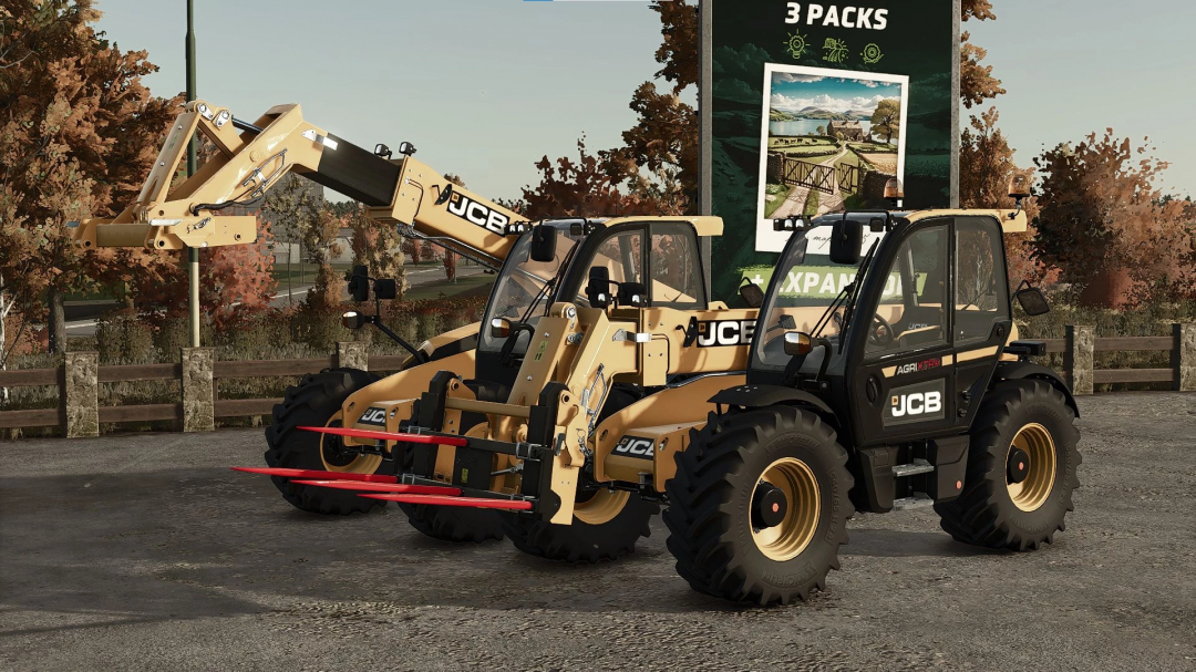 JCB 542-70 v1.2.0.0 telehandlers in Farming Simulator 25 mod, showcased in an autumn setting. FS25 mods enhance gameplay.