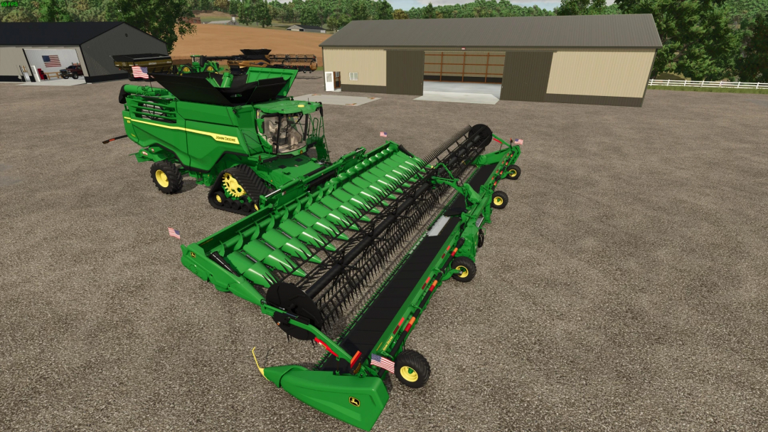 John Deere X9 1100 Pack v1.0.0.0 mod in FS25 shows harvester in a farm setting.