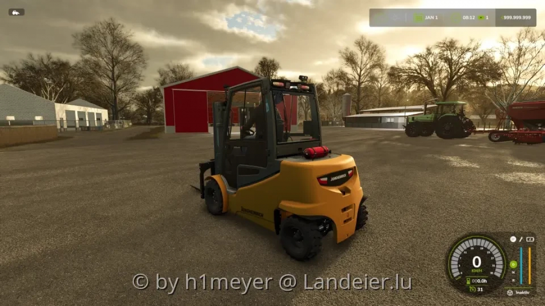 Jungheinrich EFG S50 mod in Farming Simulator 25, showcasing a forklift on a farmyard.