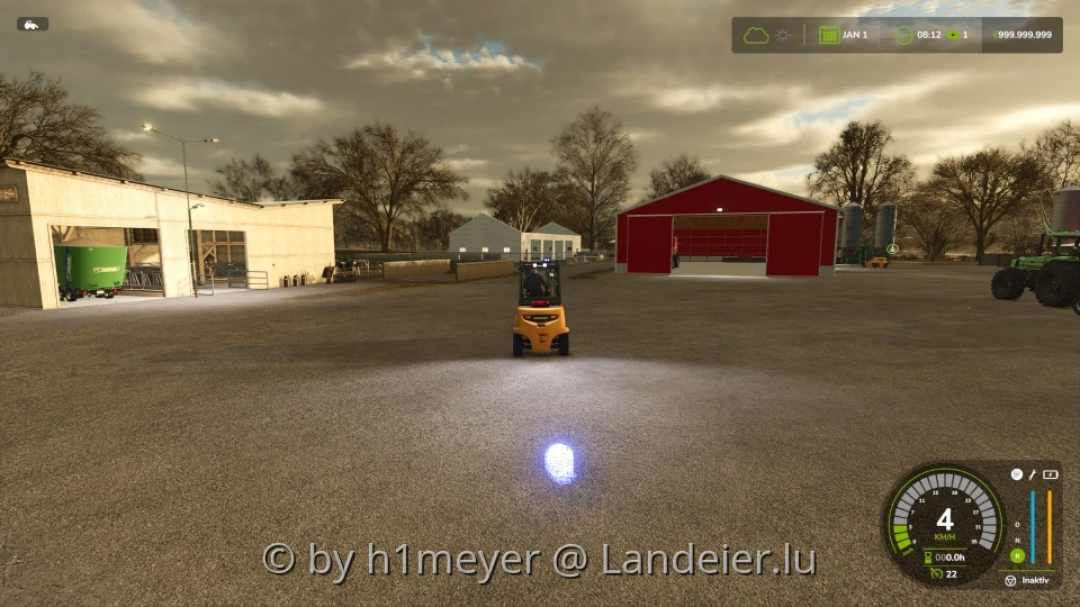 Jungheinrich EFG S50 fork-lift in FS25 mod on farmyard surrounded by buildings.