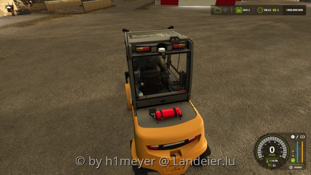 Jungheinrich EFG S50 forklift mod in Farming Simulator 25, top view showing in-game interface.