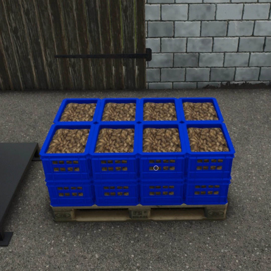 FS25 mod Kartoffel Sortierer v1.0.0.0 features blue crates of potatoes on a wooden pallet.