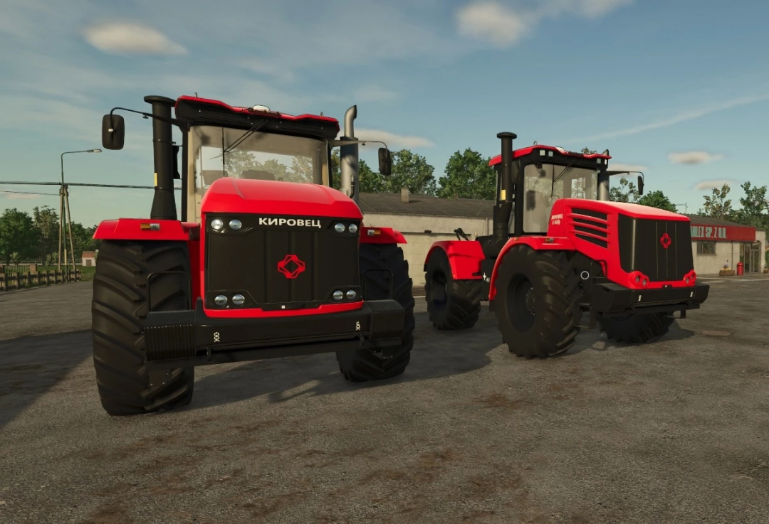 Two red Kirovets tractors from K7 Series Pack for Farming Simulator 25. FS25 mods enhance gameplay with realistic equipment.