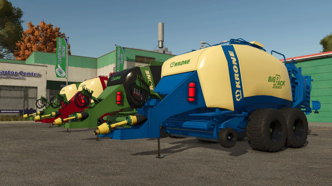 Krone Big Pack 1290 balers parked outside a tractor center in FS25 mod. Various colors are displayed.